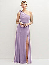 Front View Thumbnail - Pale Purple Handworked Flower Trimmed One-Shoulder Chiffon Maxi Dress