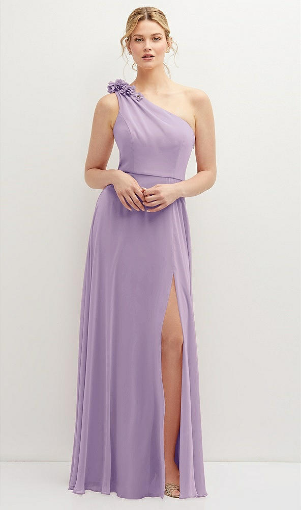 Front View - Pale Purple Handworked Flower Trimmed One-Shoulder Chiffon Maxi Dress
