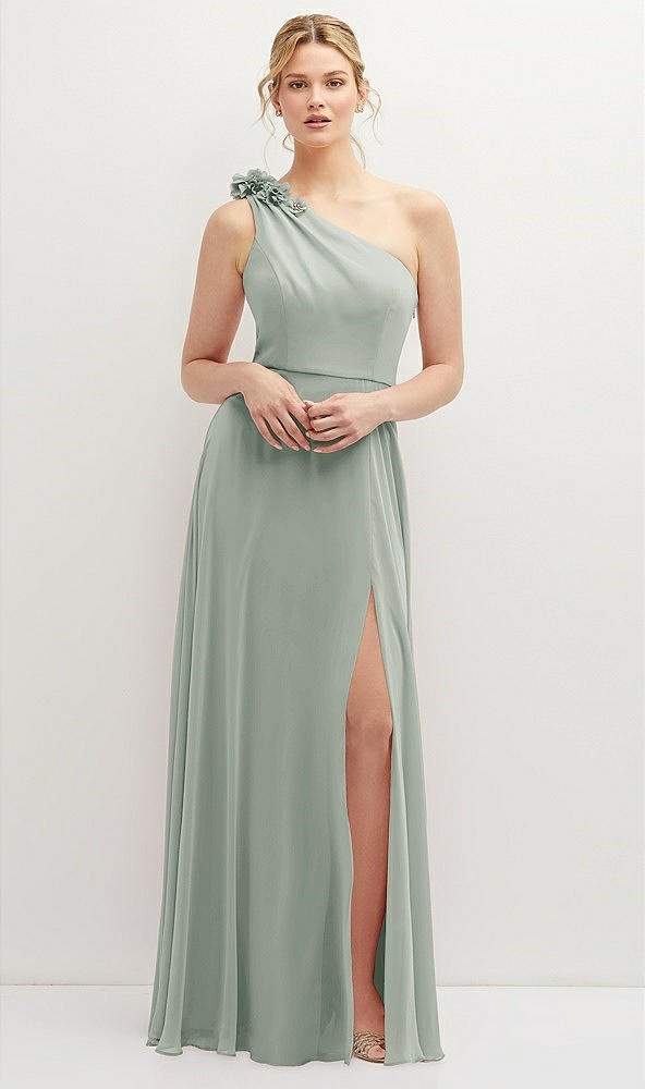 Front View - Willow Green Handworked Flower Trimmed One-Shoulder Chiffon Maxi Dress