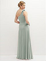 Rear View Thumbnail - Willow Green Handworked Flower Trimmed One-Shoulder Chiffon Maxi Dress