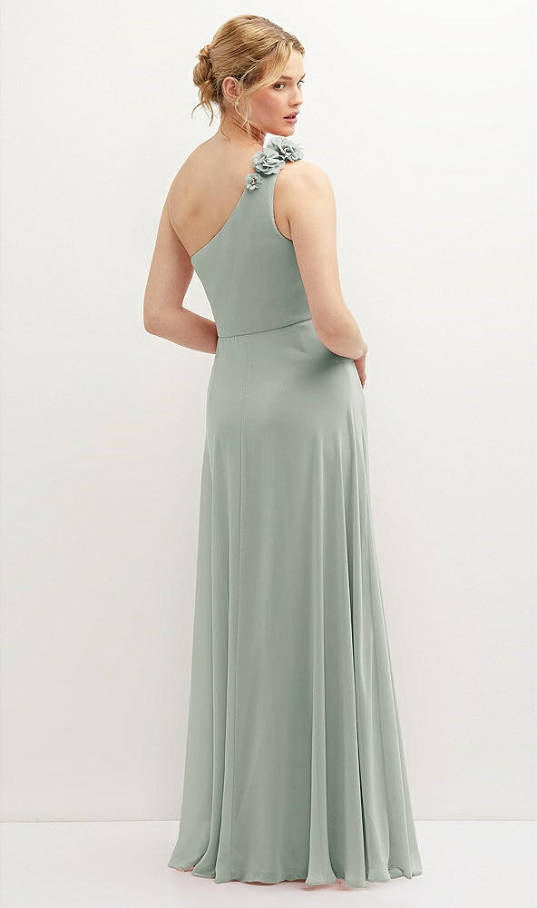 Back View - Willow Green Handworked Flower Trimmed One-Shoulder Chiffon Maxi Dress