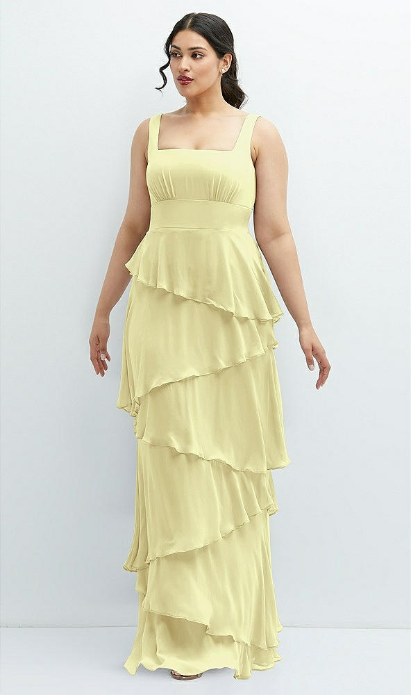 Front View - Butter Yellow Asymmetrical Tiered Ruffle Chiffon Maxi Dress with Square Neckline