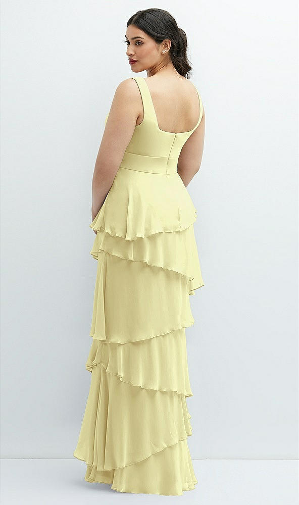 Back View - Butter Yellow Asymmetrical Tiered Ruffle Chiffon Maxi Dress with Square Neckline