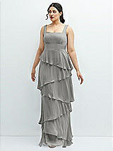 Front View Thumbnail - Chelsea Gray Asymmetrical Tiered Ruffle Chiffon Maxi Dress with Square Neckline