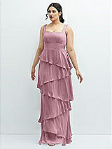 Front View Thumbnail - Dusty Pink Asymmetrical Tiered Ruffle Chiffon Maxi Dress with Square Neckline