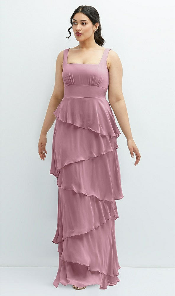 Front View - Dusty Pink Asymmetrical Tiered Ruffle Chiffon Maxi Dress with Square Neckline