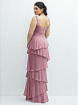 Rear View Thumbnail - Dusty Pink Asymmetrical Tiered Ruffle Chiffon Maxi Dress with Square Neckline