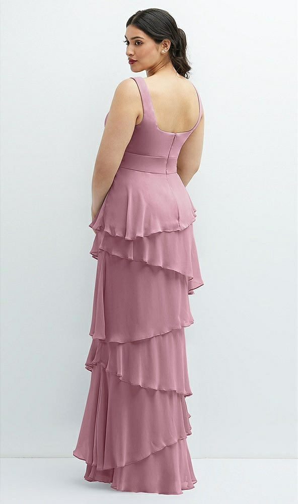 Back View - Dusty Pink Asymmetrical Tiered Ruffle Chiffon Maxi Dress with Square Neckline