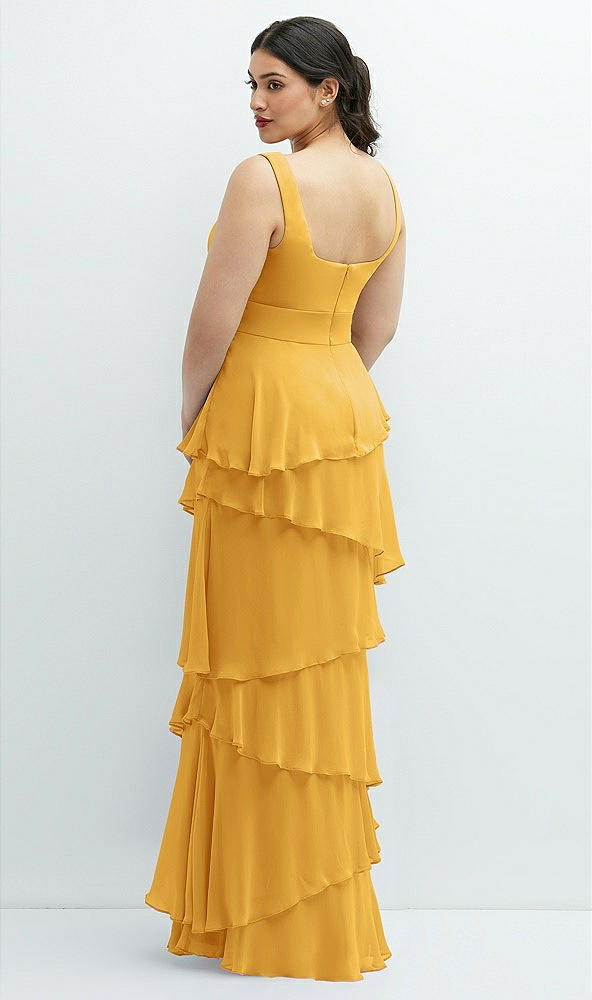 Back View - NYC Yellow Asymmetrical Tiered Ruffle Chiffon Maxi Dress with Square Neckline