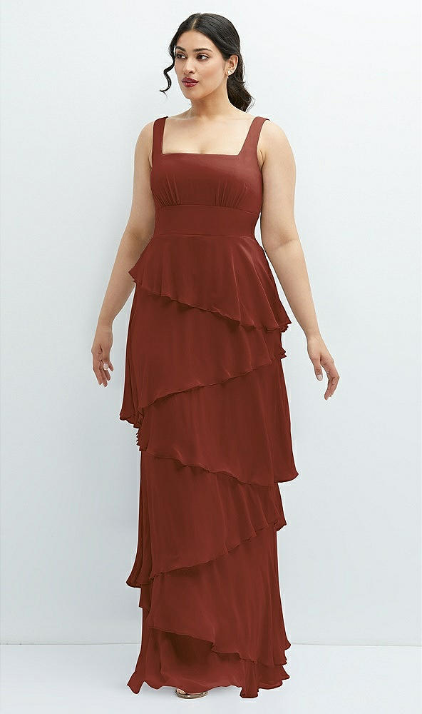 Front View - Auburn Moon Asymmetrical Tiered Ruffle Chiffon Maxi Dress with Square Neckline