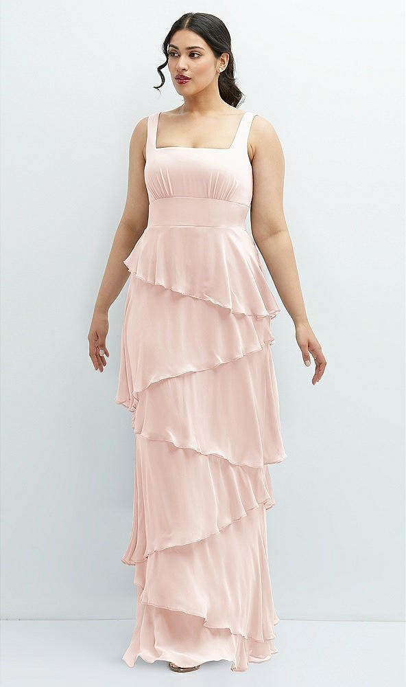 Front View - Blush Asymmetrical Tiered Ruffle Chiffon Maxi Dress with Square Neckline