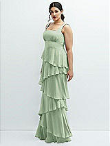 Side View Thumbnail - Celadon Asymmetrical Tiered Ruffle Chiffon Maxi Dress with Square Neckline