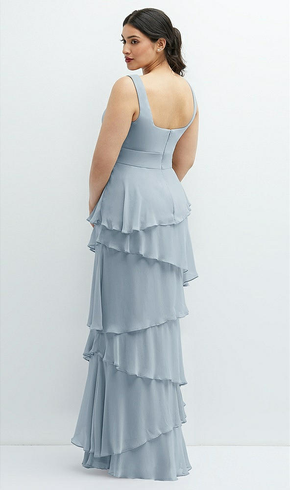Back View - Mist Asymmetrical Tiered Ruffle Chiffon Maxi Dress with Square Neckline