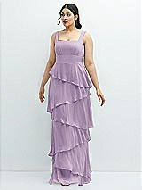 Front View Thumbnail - Pale Purple Asymmetrical Tiered Ruffle Chiffon Maxi Dress with Square Neckline
