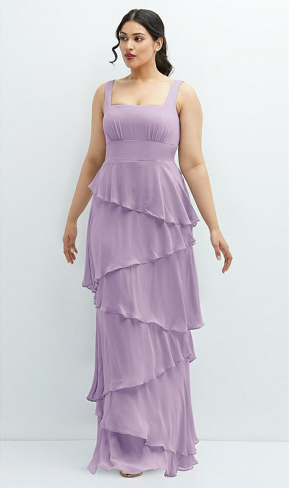 Front View - Pale Purple Asymmetrical Tiered Ruffle Chiffon Maxi Dress with Square Neckline