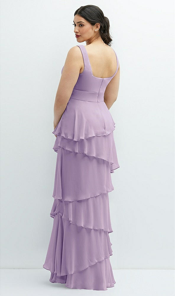 Back View - Pale Purple Asymmetrical Tiered Ruffle Chiffon Maxi Dress with Square Neckline