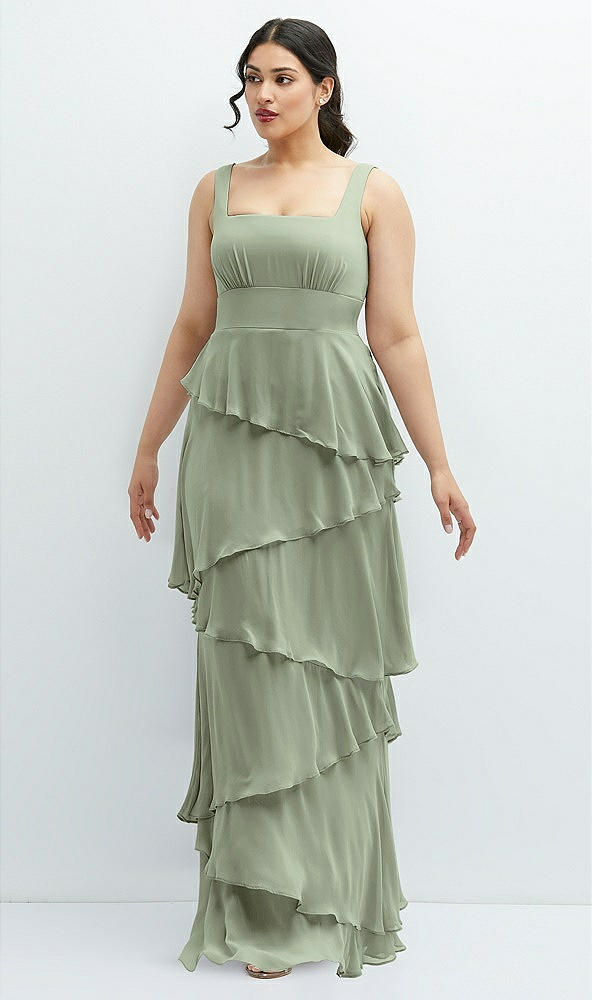 Front View - Sage Asymmetrical Tiered Ruffle Chiffon Maxi Dress with Square Neckline