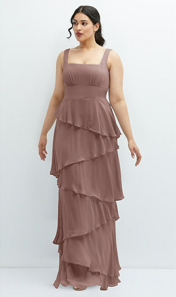 Front View - Sienna Asymmetrical Tiered Ruffle Chiffon Maxi Dress with Square Neckline
