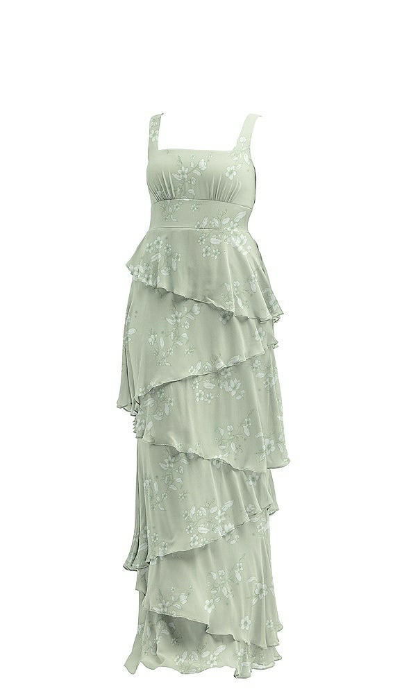 Front View - Vintage Primrose Sage Asymmetrical Tiered Ruffle Chiffon Maxi Dress with Square Neckline