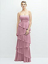 Front View Thumbnail - Dusty Pink Strapless Asymmetrical Tiered Ruffle Chiffon Maxi Dress