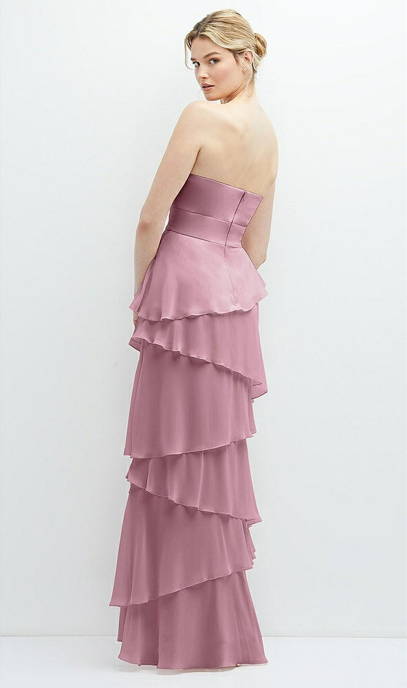 Back View - Dusty Pink Strapless Asymmetrical Tiered Ruffle Chiffon Maxi Dress