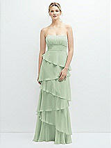 Front View Thumbnail - Celadon Strapless Asymmetrical Tiered Ruffle Chiffon Maxi Dress