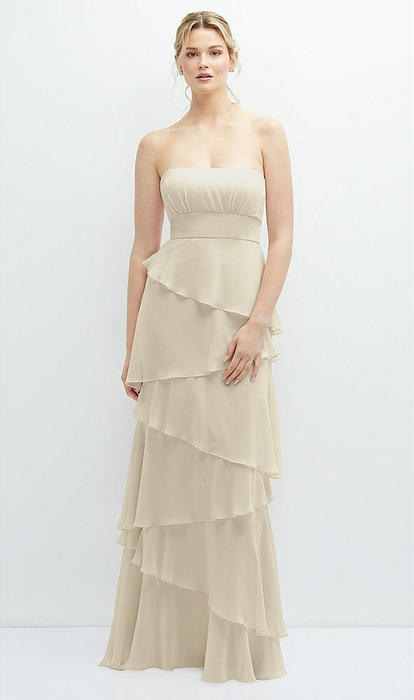 Front View - Champagne Strapless Asymmetrical Tiered Ruffle Chiffon Maxi Dress