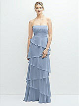 Front View Thumbnail - Cloudy Strapless Asymmetrical Tiered Ruffle Chiffon Maxi Dress