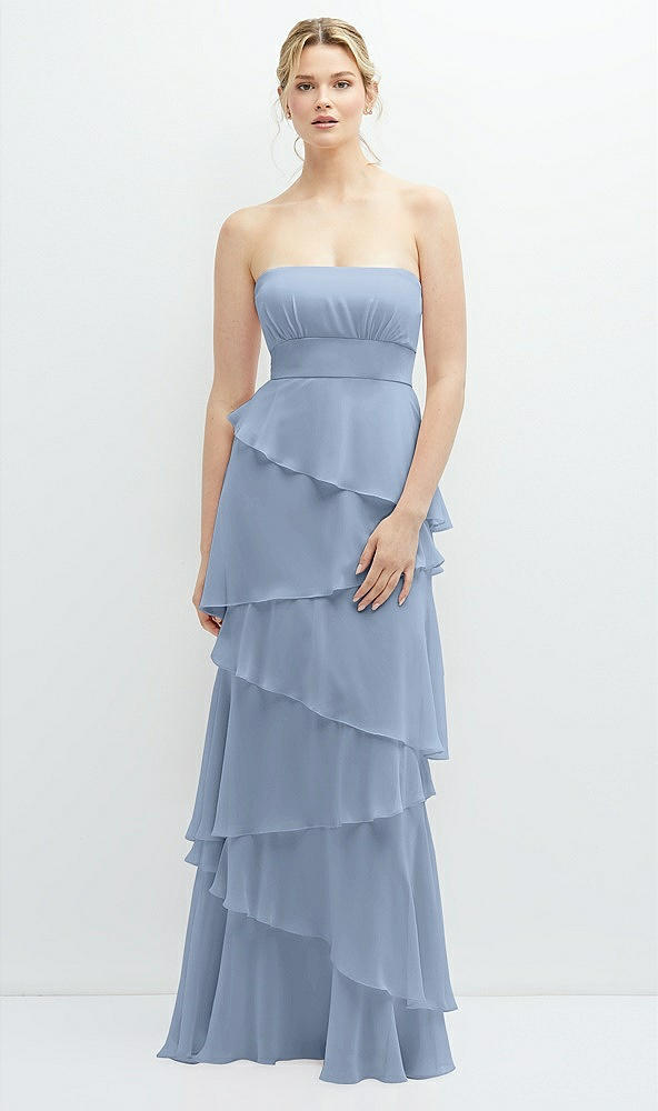 Front View - Cloudy Strapless Asymmetrical Tiered Ruffle Chiffon Maxi Dress