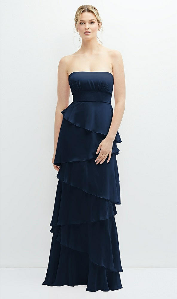 Front View - Midnight Navy Strapless Asymmetrical Tiered Ruffle Chiffon Maxi Dress