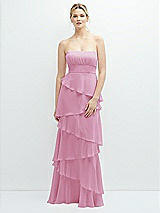 Front View Thumbnail - Powder Pink Strapless Asymmetrical Tiered Ruffle Chiffon Maxi Dress