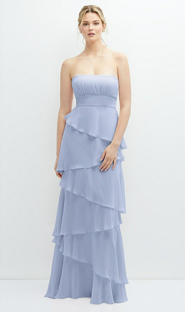 Front View - Sky Blue Strapless Asymmetrical Tiered Ruffle Chiffon Maxi Dress