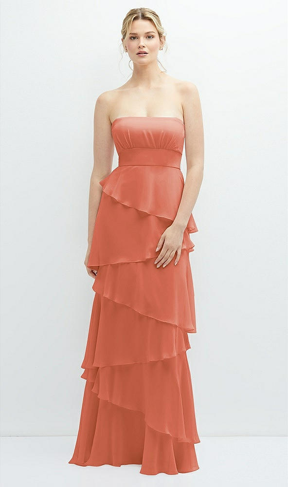 Front View - Terracotta Copper Strapless Asymmetrical Tiered Ruffle Chiffon Maxi Dress