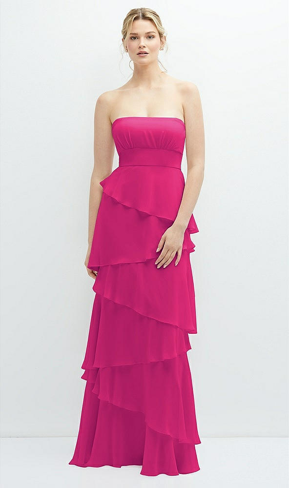Front View - Think Pink Strapless Asymmetrical Tiered Ruffle Chiffon Maxi Dress
