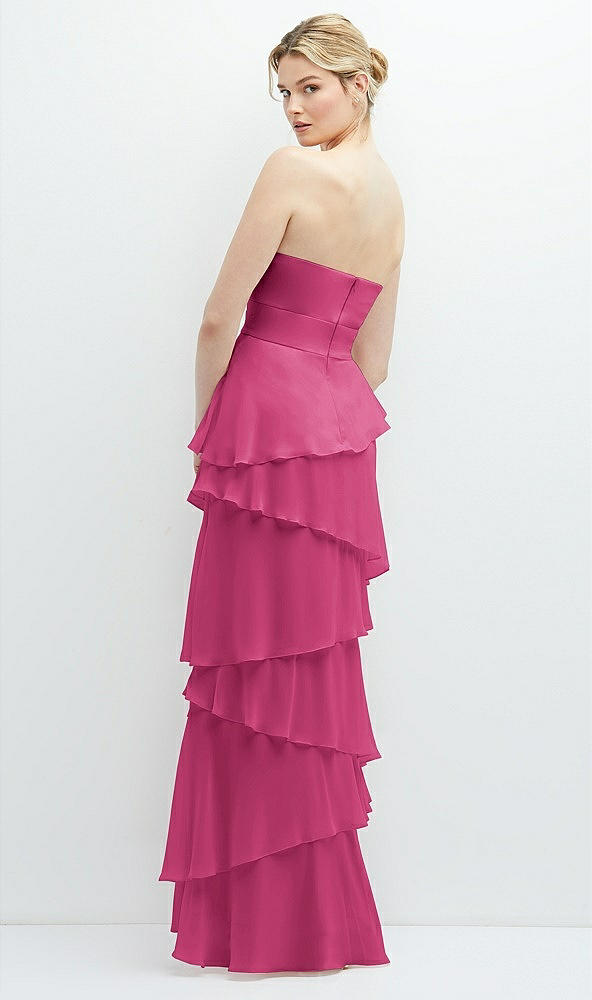 Back View - Tea Rose Strapless Asymmetrical Tiered Ruffle Chiffon Maxi Dress