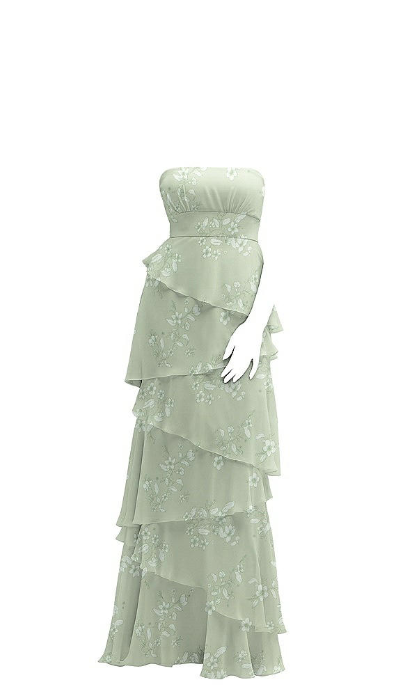 Front View - Vintage Primrose Sage Strapless Asymmetrical Tiered Ruffle Chiffon Maxi Dress