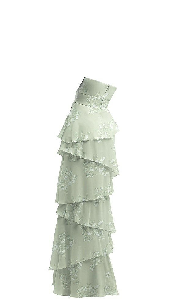 Back View - Vintage Primrose Sage Strapless Asymmetrical Tiered Ruffle Chiffon Maxi Dress