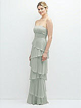 Side View Thumbnail - Willow Green Strapless Asymmetrical Tiered Ruffle Chiffon Maxi Dress