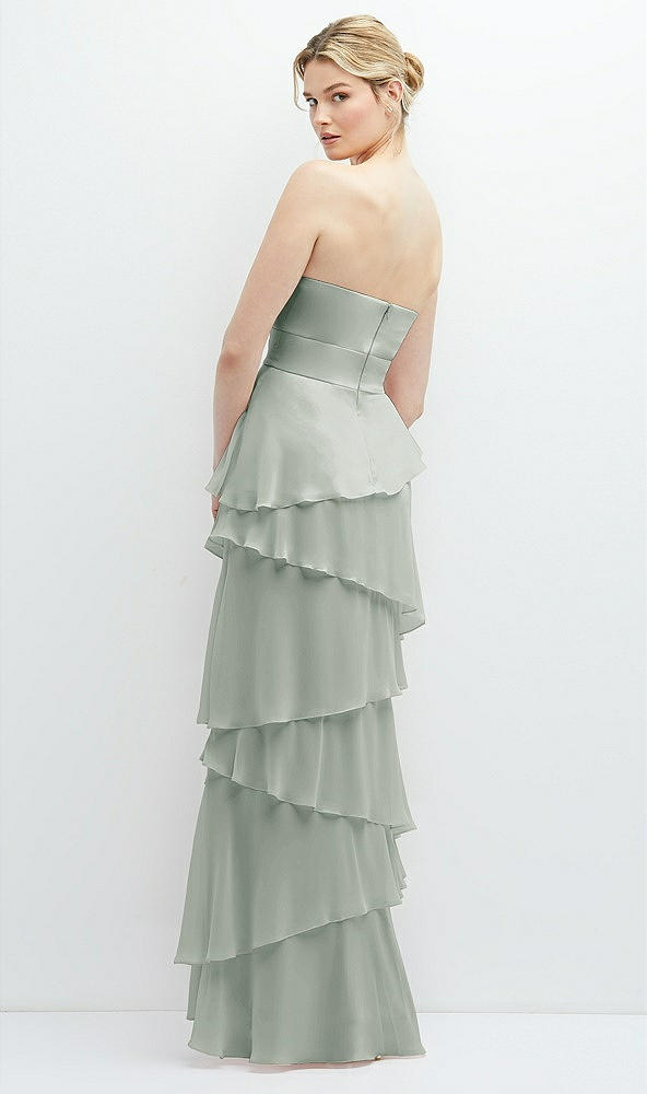 Back View - Willow Green Strapless Asymmetrical Tiered Ruffle Chiffon Maxi Dress