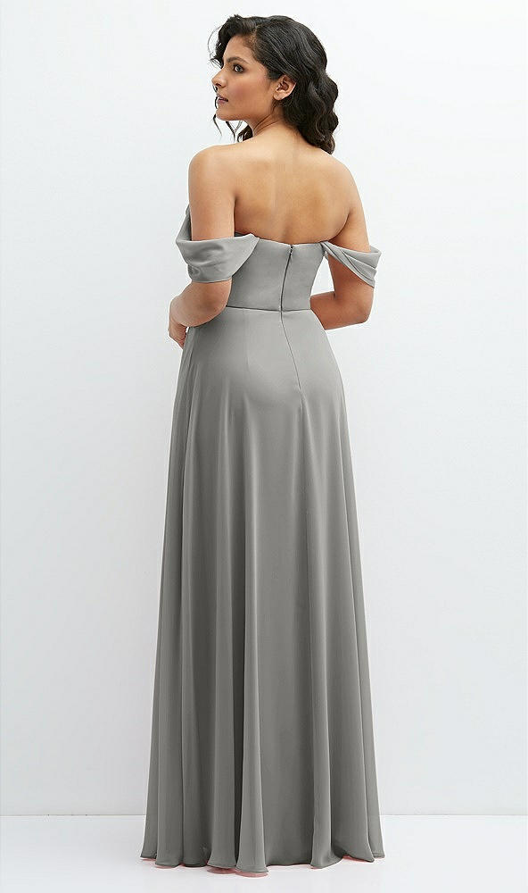 Back View - Chelsea Gray Chiffon Corset Maxi Dress with Removable Off-the-Shoulder Swags