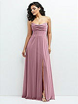 Alt View 1 Thumbnail - Dusty Pink Chiffon Corset Maxi Dress with Removable Off-the-Shoulder Swags