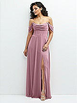 Front View Thumbnail - Dusty Pink Chiffon Corset Maxi Dress with Removable Off-the-Shoulder Swags