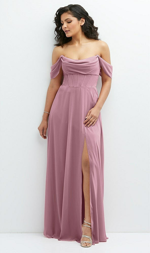 Front View - Dusty Pink Chiffon Corset Maxi Dress with Removable Off-the-Shoulder Swags