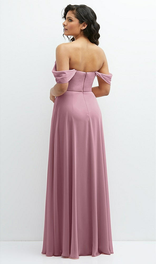 Back View - Dusty Pink Chiffon Corset Maxi Dress with Removable Off-the-Shoulder Swags