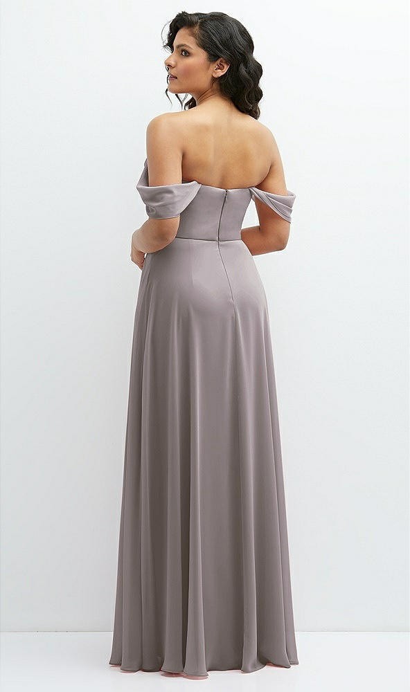 Back View - Cashmere Gray Chiffon Corset Maxi Dress with Removable Off-the-Shoulder Swags