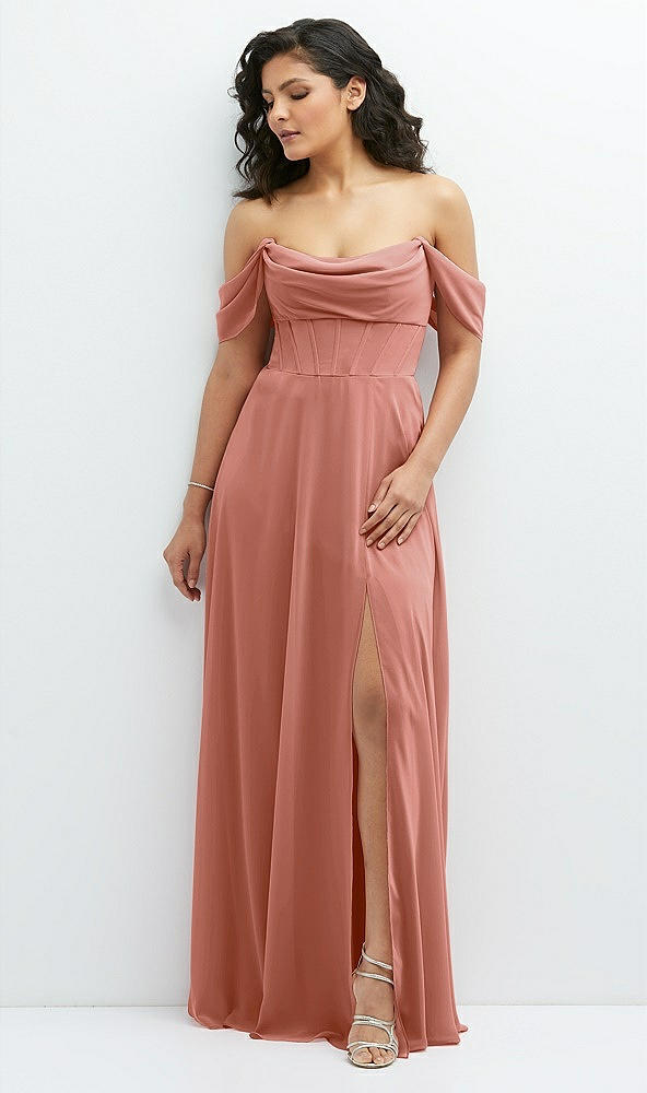 Front View - Desert Rose Chiffon Corset Maxi Dress with Removable Off-the-Shoulder Swags