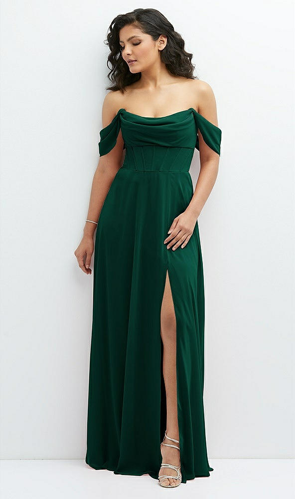 Front View - Hunter Green Chiffon Corset Maxi Dress with Removable Off-the-Shoulder Swags