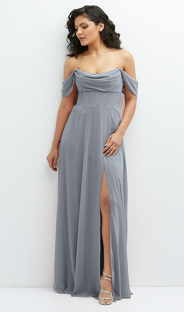 Front View - Platinum Chiffon Corset Maxi Dress with Removable Off-the-Shoulder Swags