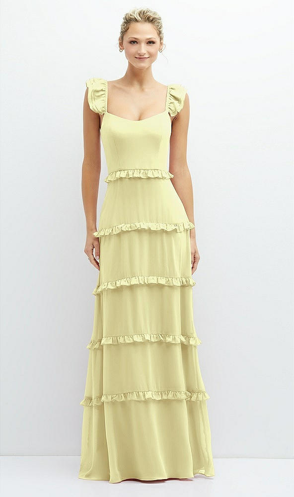 Front View - Butter Yellow Tiered Chiffon Maxi A-line Dress with Convertible Ruffle Straps