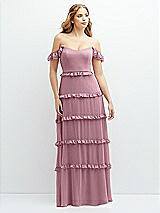 Alt View 1 Thumbnail - Dusty Pink Tiered Chiffon Maxi A-line Dress with Convertible Ruffle Straps